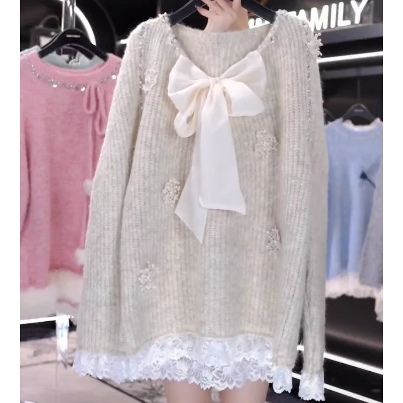 2024重工钩花蝴蝶结蕾丝拼接杏色毛衣宽松中长款V领长袖针织上衣
