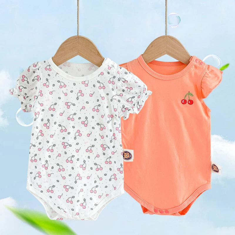 夏季女宝宝甜美哈衣棉质爬服三角衣碎花樱桃可爱舒适韩版水果连休