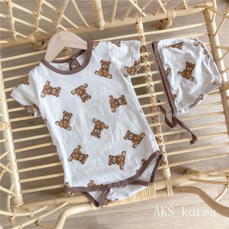 婴儿包屁衣夏薄款新生幼儿棉短袖哈衣男女宝宝连体衣外出服送帽子