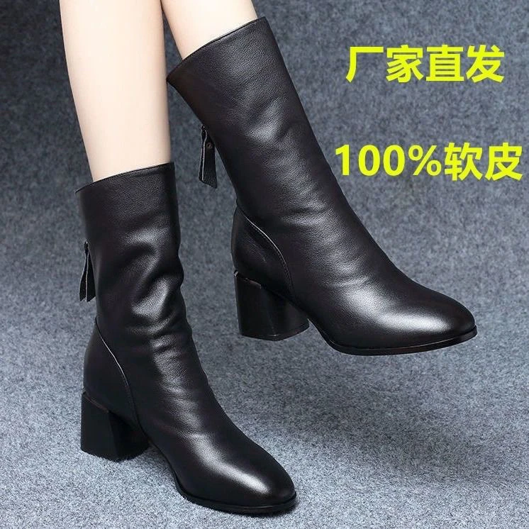 品牌断码软皮马丁靴女2024年新款加绒中跟棉靴女防滑百搭女士皮靴
