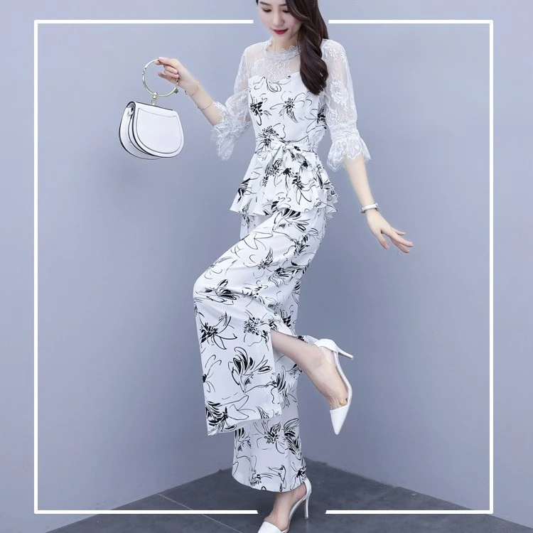 雪纺套装女夏季2024年新款洋气时尚拼接蕾丝韩版显瘦阔腿裤两件套
