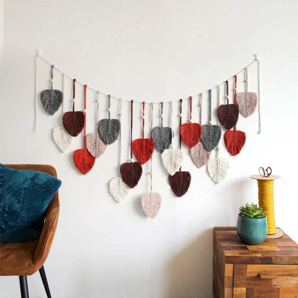 北欧风手工编织树叶挂毯墙上挂件装饰夹照片卧室房间背景流苏壁挂