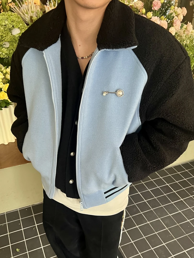 【嘉尔平替】羊毛蓝色拼色羊羔毛呢方领秋冬厚款宽松棒球棉服外套