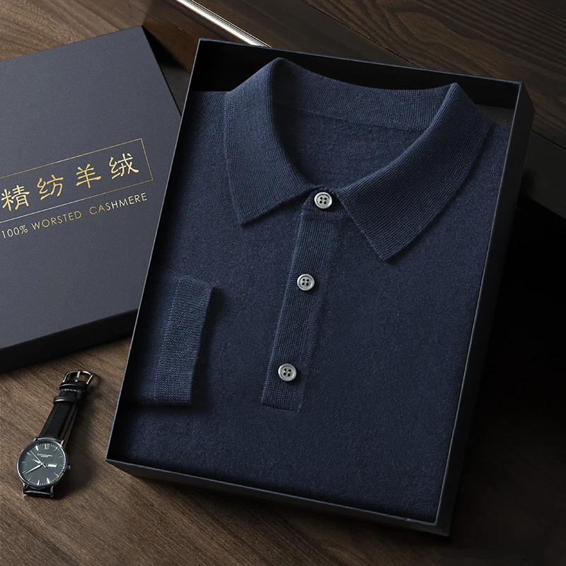 【100%山羊绒】精纺百搭羊绒衫POLO领男士长袖纯色打底毛衣衬衫领