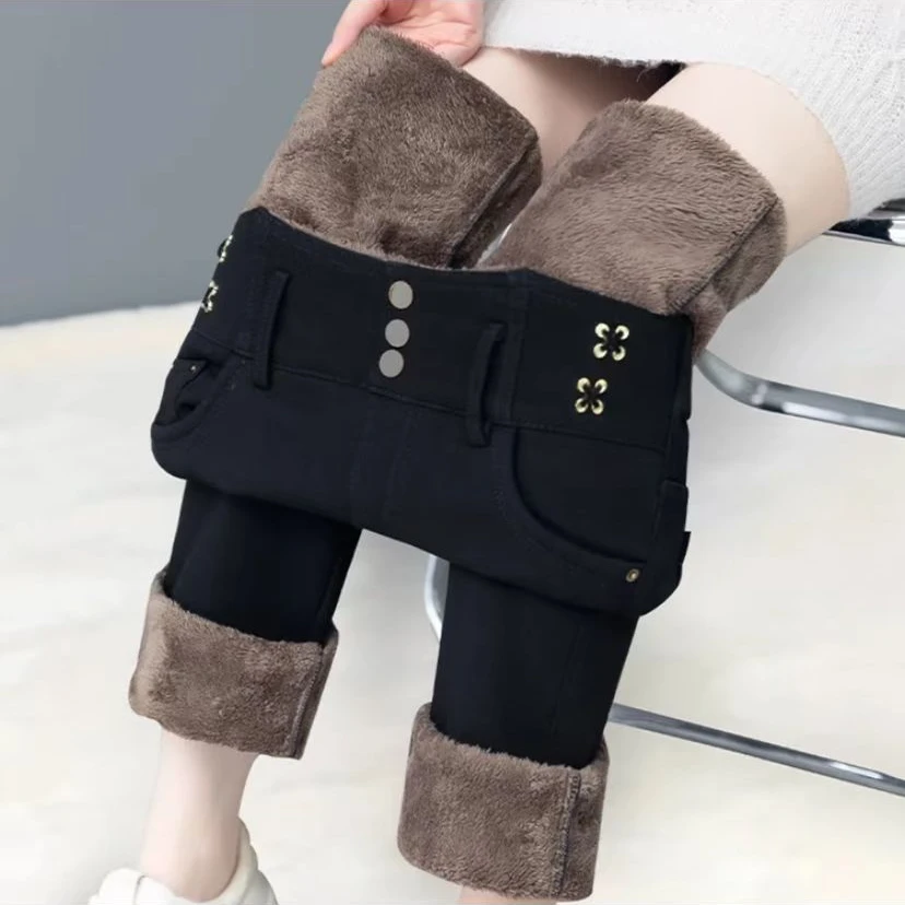 冬季加绒加厚微喇叭裤子女高腰显瘦百搭弹力遮肉保暖小黑裤