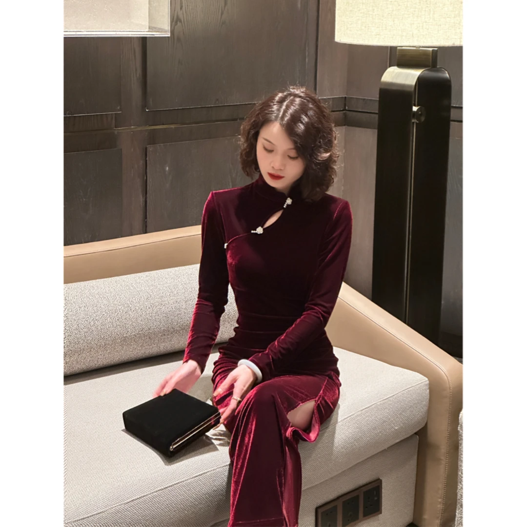 现货【山茶花】冬季修身气质复古车厘子红优雅改良款立领中国风旗袍