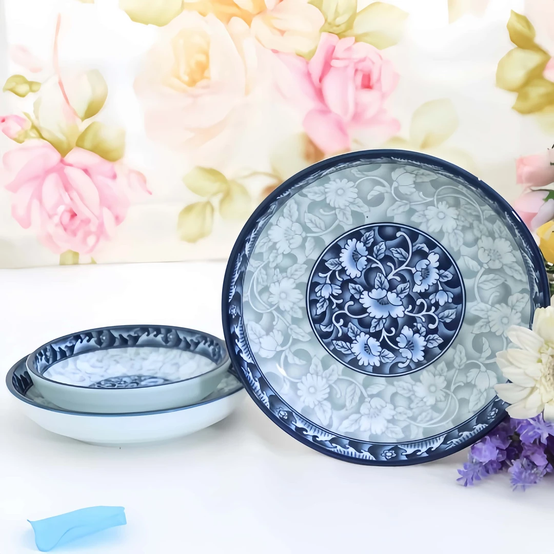 韩国叁宝青花陶瓷器野餐碟圆碟饺子碟大盘子釉下彩家用创意蓝色