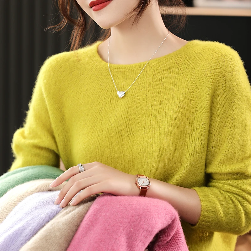 无缝软糯亲肤！77%山羊绒23%桑蚕丝针织罩衫女圆领慵懒风宽松毛衣