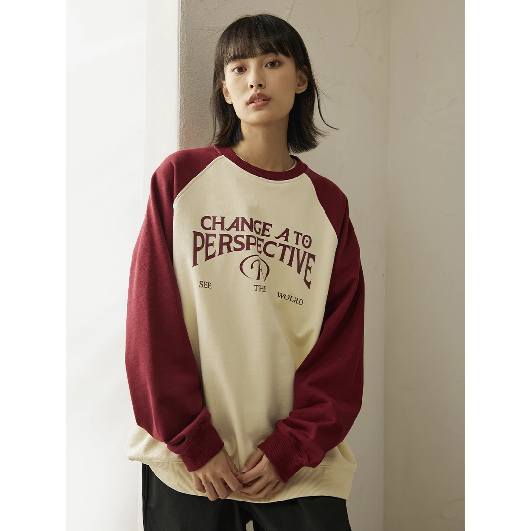 LR MADE 23AW 复古标语印花 日系休闲宽松重磅拼色插肩圆领卫衣