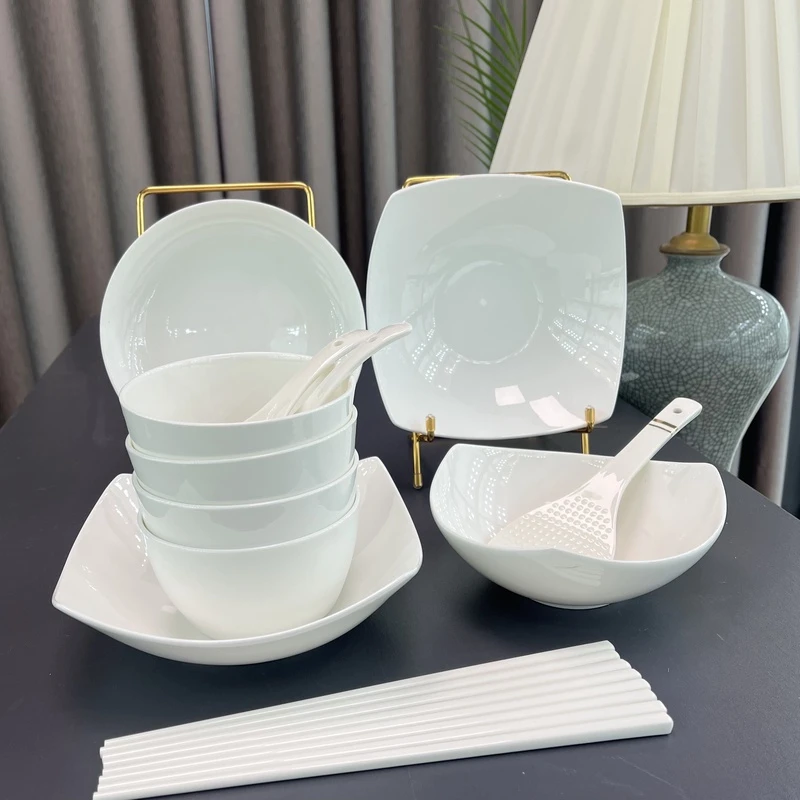 景德镇骨瓷纯白欧式碗碟盘煲实用套装家用轻奢简约餐具盘子米饭碗
