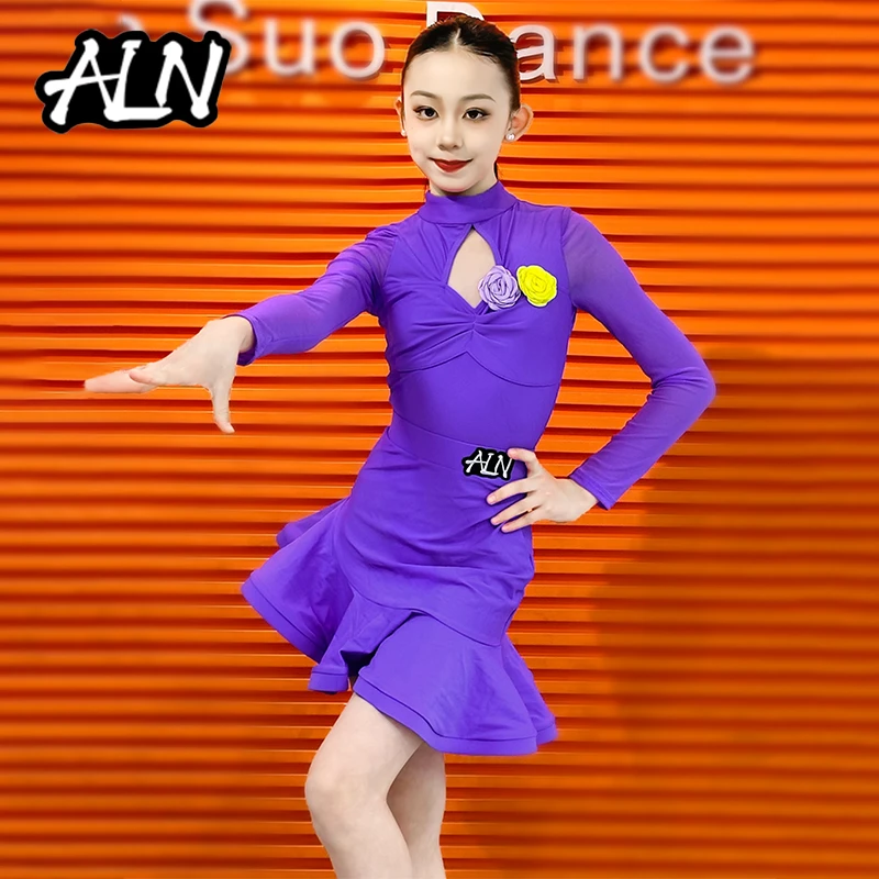 ALN拉丁舞女童2025新款秋冬季高级感长袖舞蹈裙专业比赛表演服