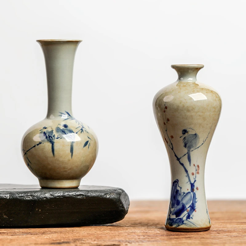花瓶花器景德镇沐石陶泥青花五彩手绘鸟中式茶台家居新中式小摆件