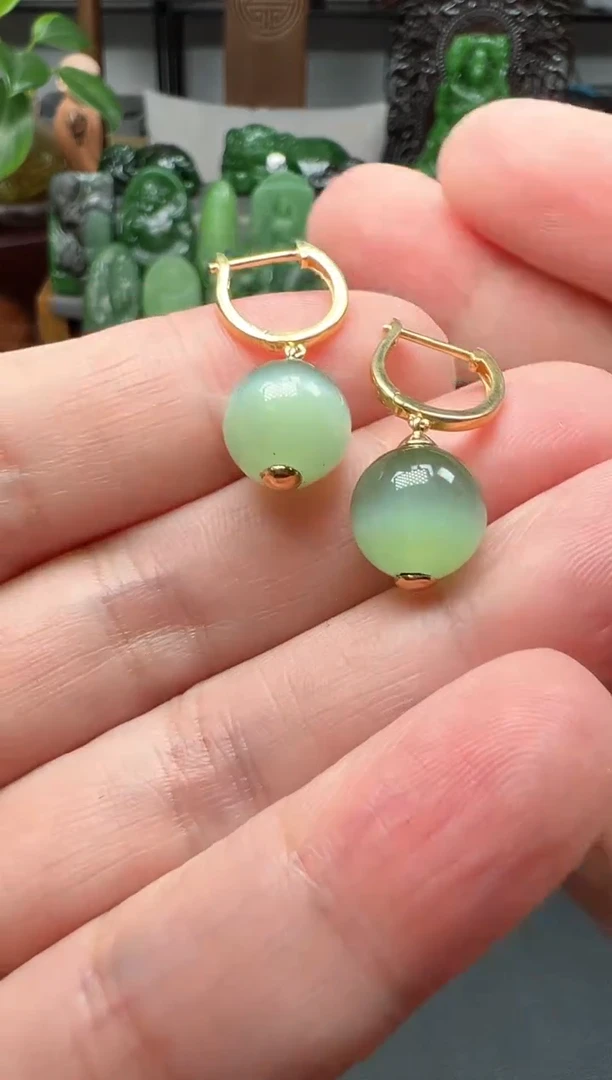 【闪购商品】和田玉耳饰18K金镶嵌耳饰一对