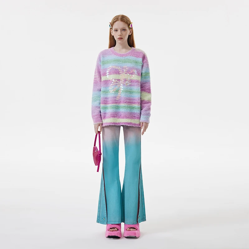 「Nows」羊毛混纺缎染渐变条纹彩色亮片logo针织毛衣