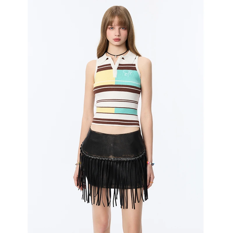 「Nows」24SS海洋系列复古辣妹彩色条纹polo领无袖针织背心