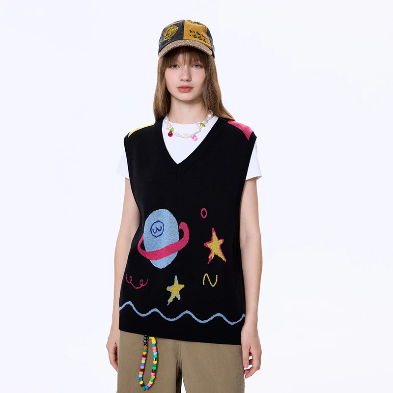 「Nows」24AW秋冬新款V领提花趣味图案坎肩背心毛衣马甲