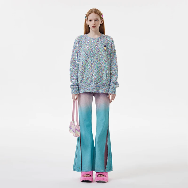 「Nows」23AW镜像系列圆领段染圈圈纱重工珠片甜美风毛衣