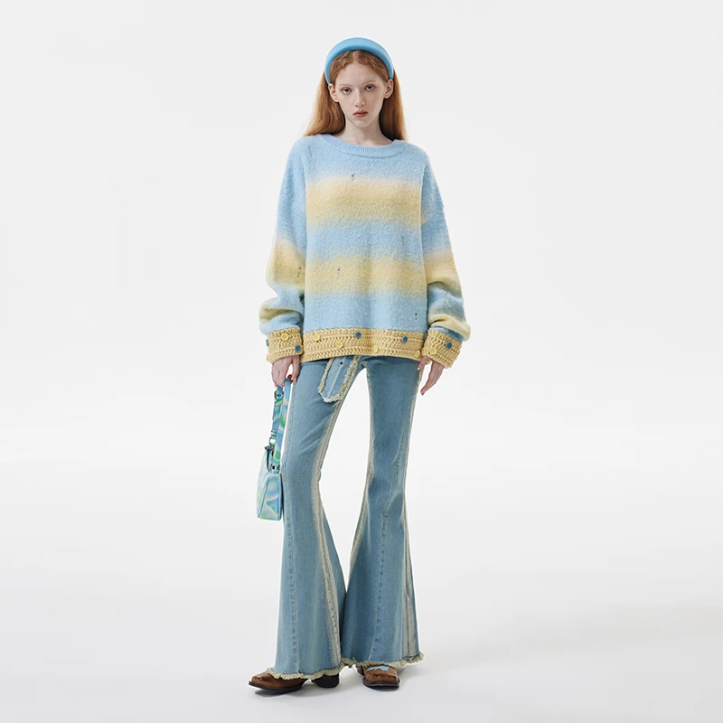 「Nows」23AW镜像系列蓝黄渐变条纹破洞慵懒百搭设计感毛衣