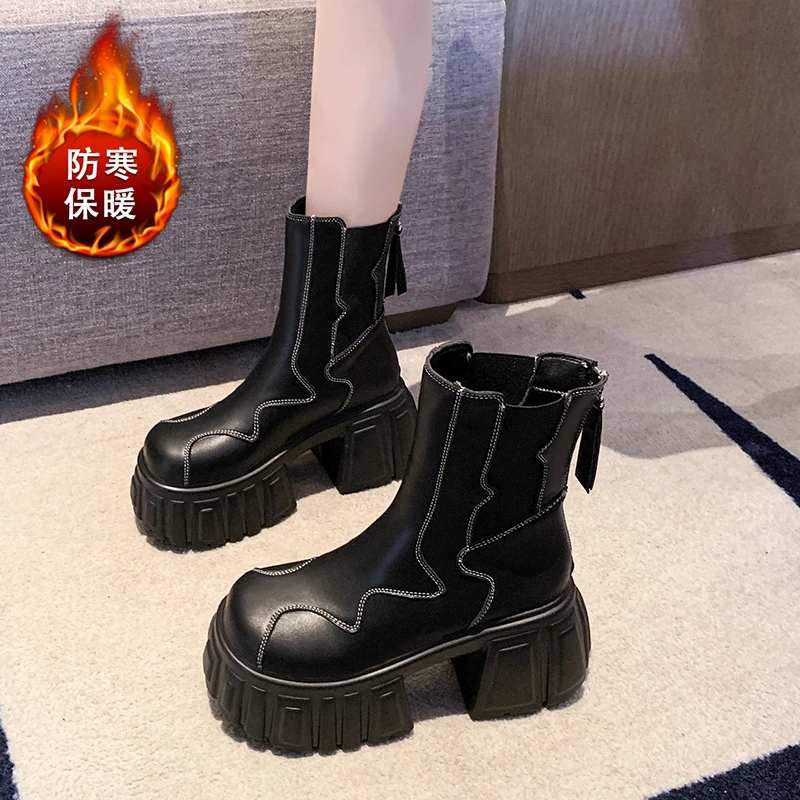 高跟厚底切尔西短靴女鞋子2025秋冬新款加绒瘦瘦烟筒靴炸街马丁靴