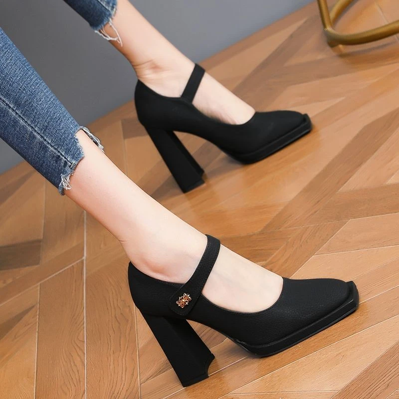 防水台粗跟单鞋高跟鞋女2025秋季方头黑色百搭浅口单鞋玛丽珍鞋