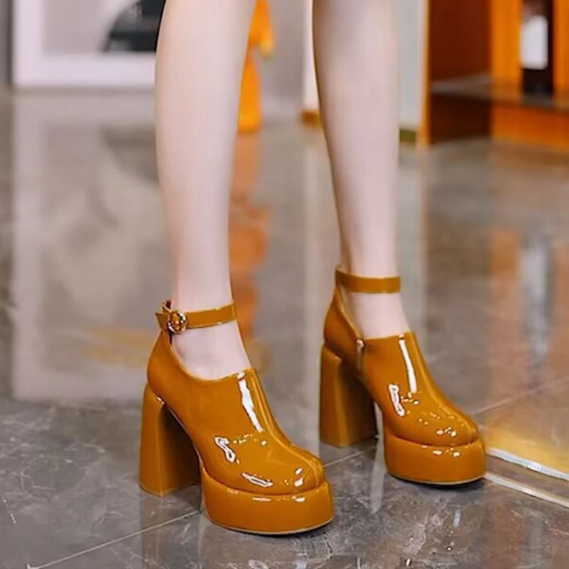 厚底超高跟鞋女春秋新款圆头粗跟防水台漆皮一字扣带百搭深口单鞋