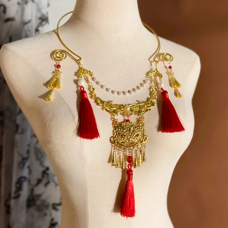 合金项链 古风汉服项圈民族璎珞流苏铃铛富贵项链配饰饰品醒狮