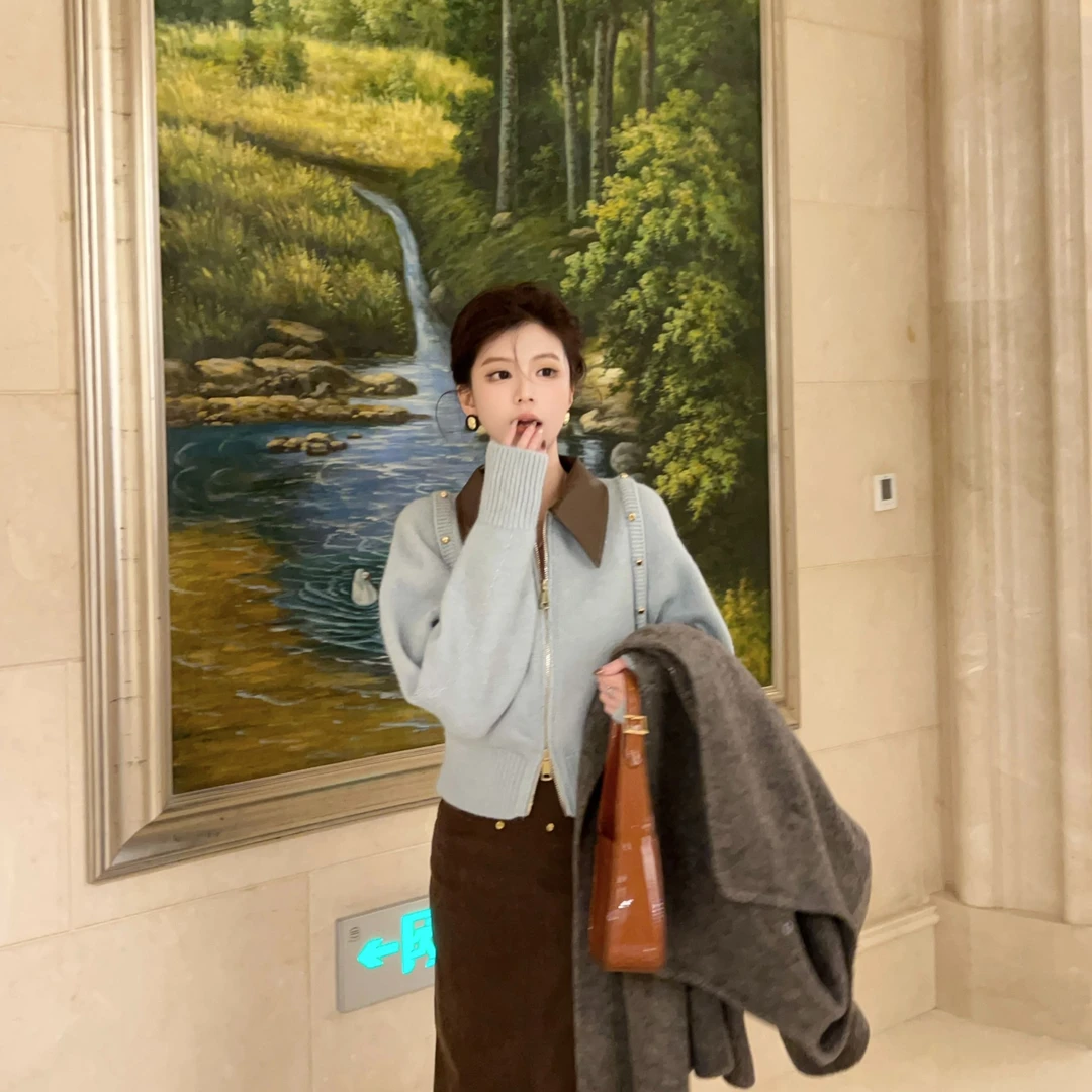 【芝士Cheese】旷野森林 气质修身拼接长袖休闲保暖显瘦针织外套