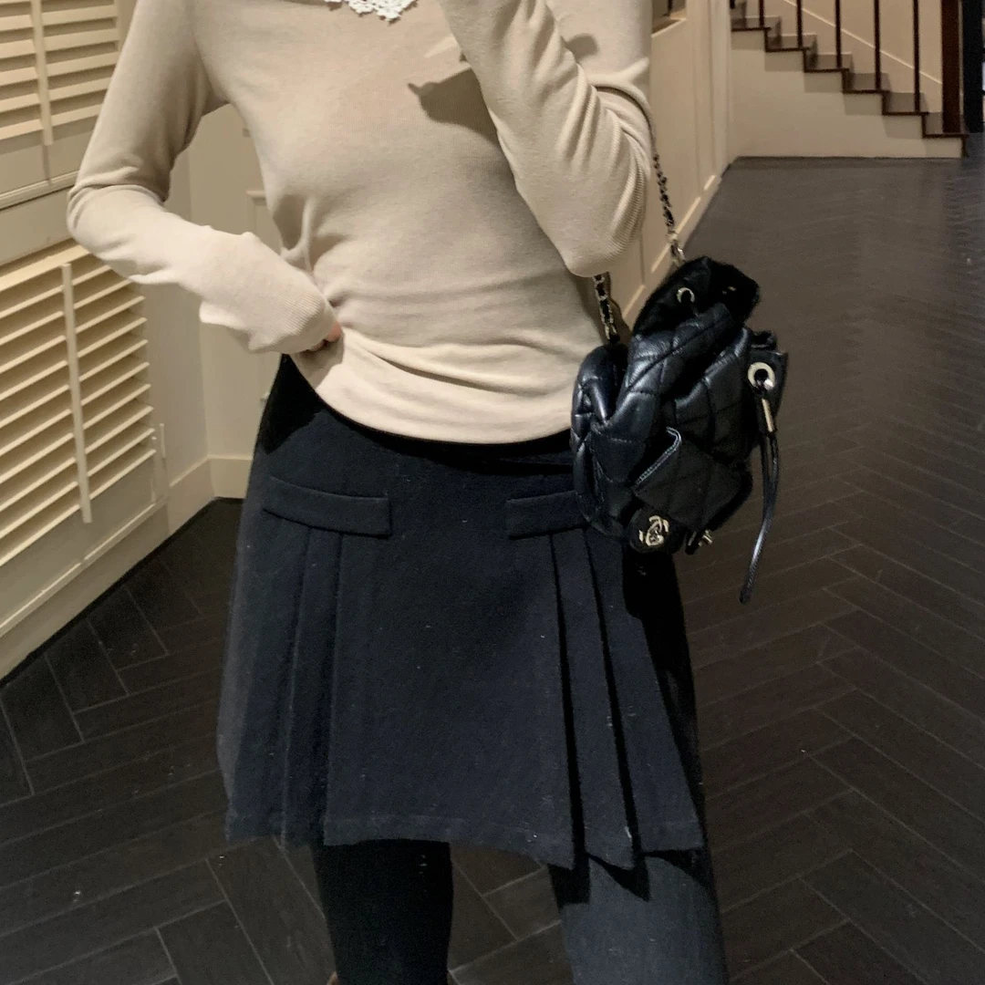 【芝士Cheese】黑糖可栗 黑色毛呢百搭显瘦气质时尚修身a字百褶裙