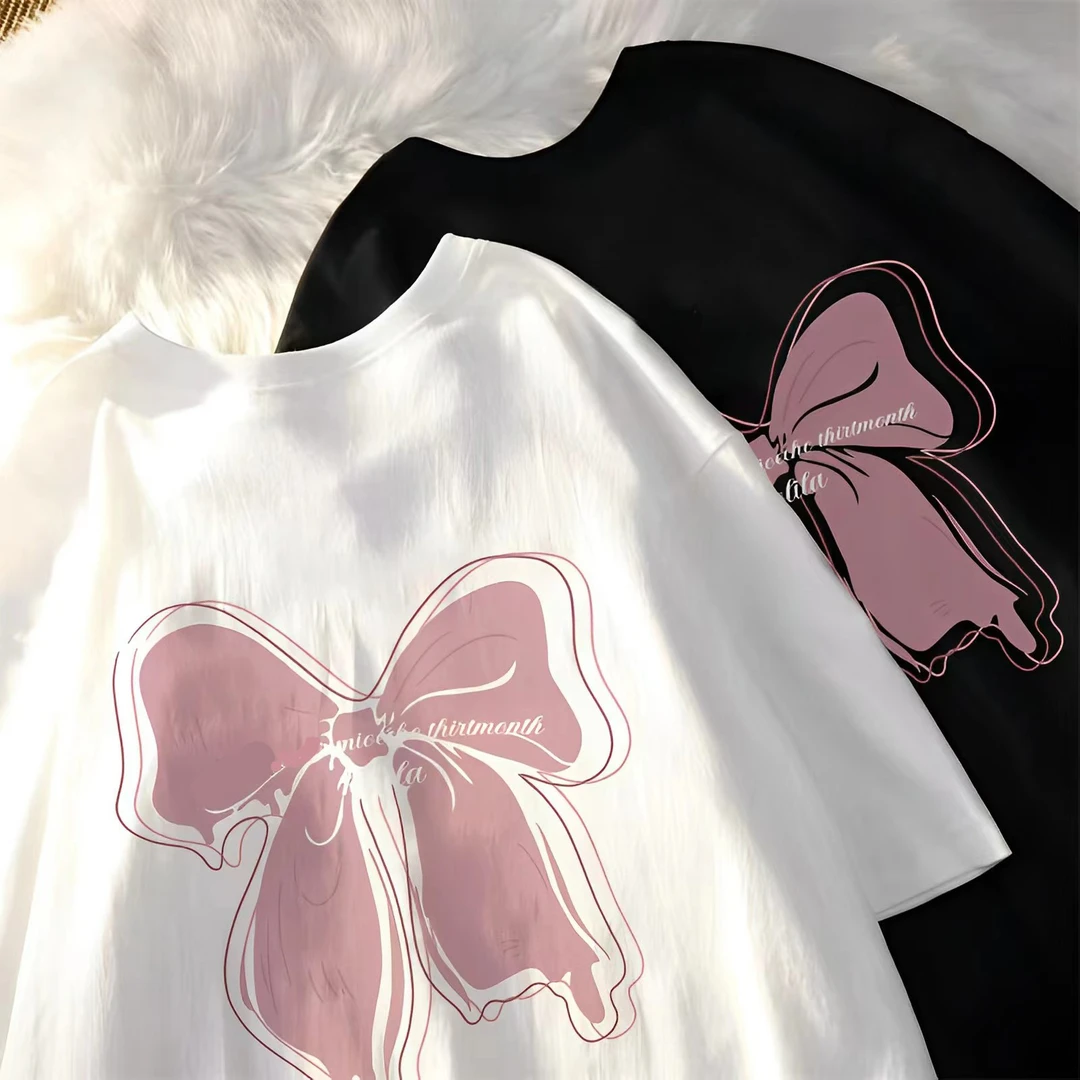 纯棉童装女童短袖T恤夏蝴蝶结百搭宽松圆领学生少女白色小众印花