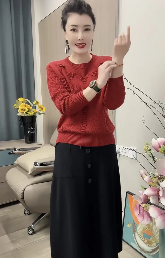 花开富贵针织毛衣女套头秋冬打底衫气质长袖显瘦时尚百搭圆领