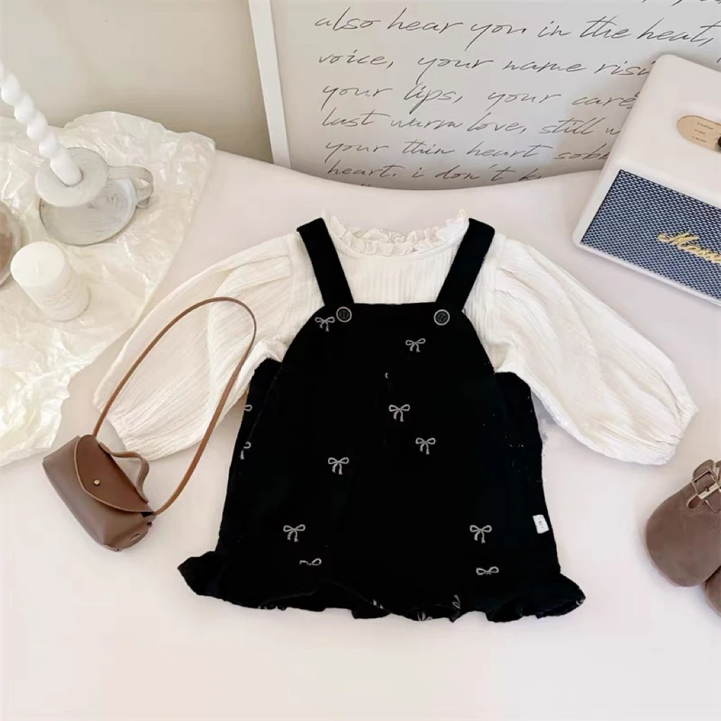 女童秋季新款背带连衣裙棉纱衬衫两件套2025女宝洋气蝴蝶结裙子