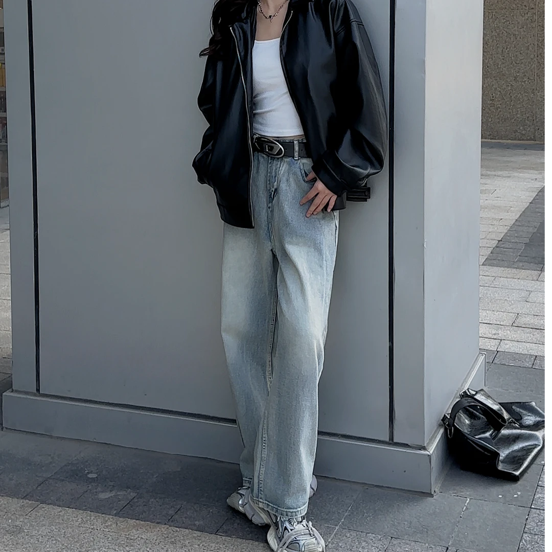 男女同款秋冬季牛仔裤水洗复古浅蓝色直筒微阔腿宽松加厚韩版显瘦