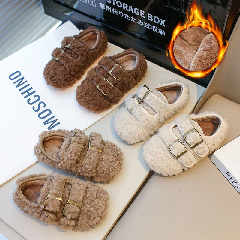 女童棉鞋儿童复古百搭加绒毛毛鞋2024秋冬季宝宝加厚休闲豆豆鞋