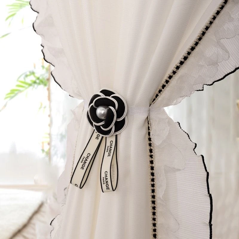 绣花蝴蝶结窗帘绑带新款网红卧室系珍珠蕾丝绑带窗纱客厅扎束带款