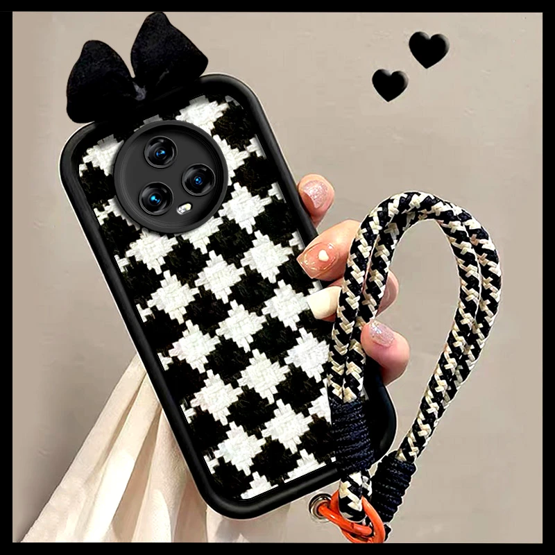 适用于荣耀magic5手机壳PGT-AN00可斜挎防摔带绳新款女款黑白格纹