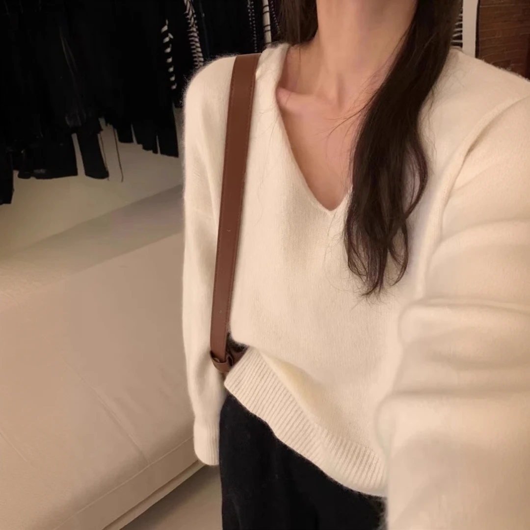 2024秋冬新款v领毛衣女慵懒风软糯短款套头内搭打底针织衫上衣