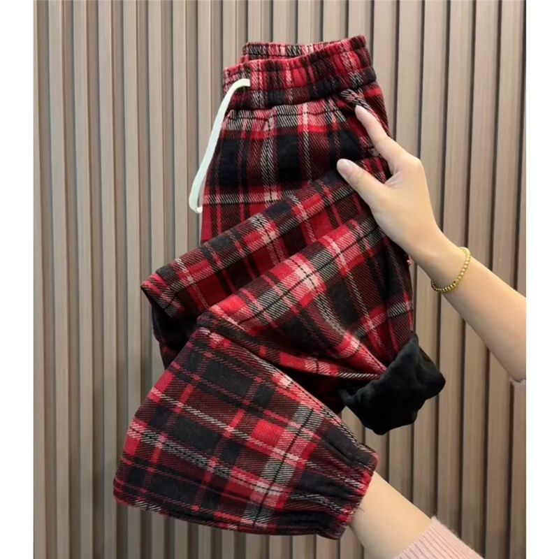 欧货秋冬新款加绒格子裤女高腰保暖宽松显瘦休闲裤束脚百搭哈伦裤