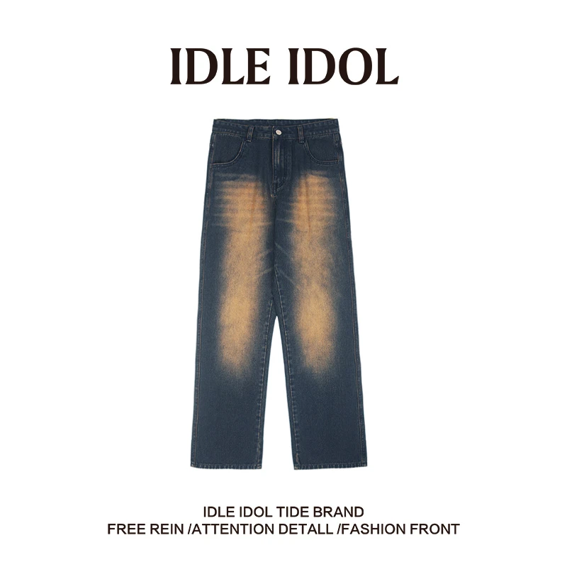 IDLE IDOL轻奢做旧牛仔裤男士春秋款2024宽松直筒阔腿长裤潮