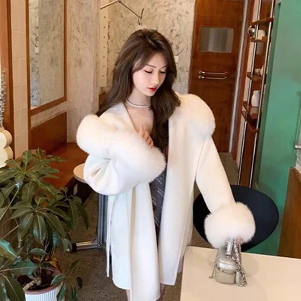 1987 fur 双面呢羊毛2025年新款狐狸毛领中长款女呢子斗篷大衣