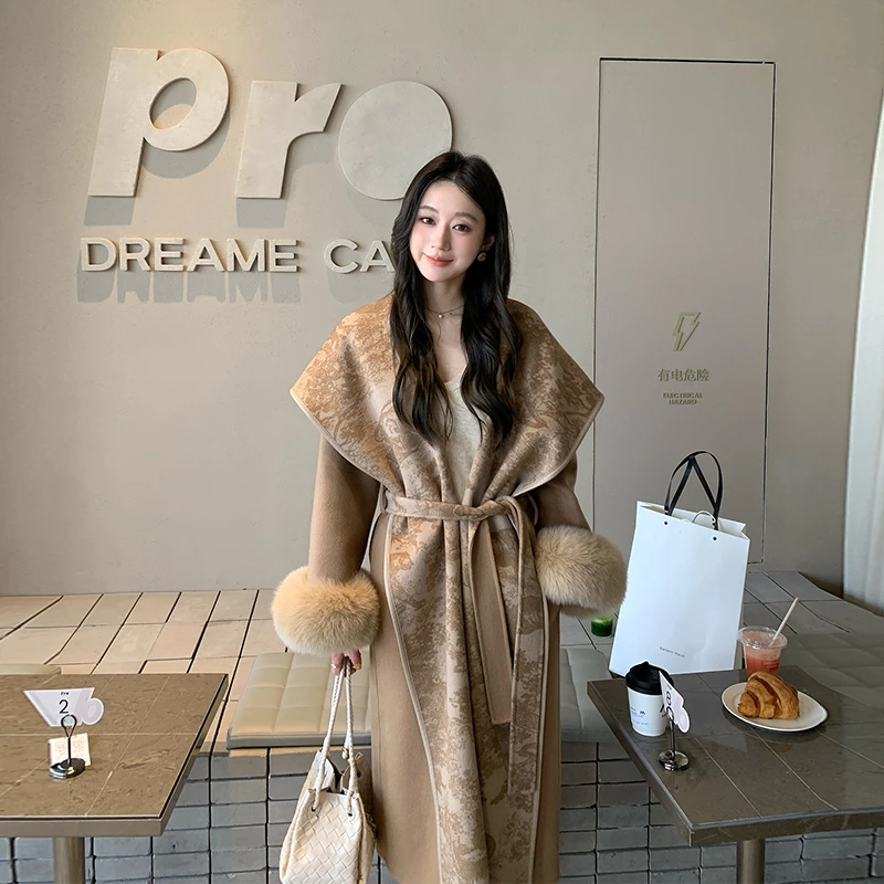 1987fur"暮云和雨"100双面呢外套女慵懒连帽斗篷毛呢外套羊绒大衣