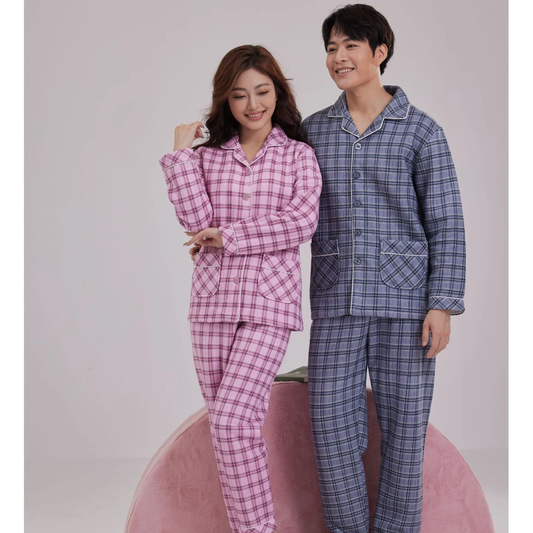 玉康 秋冬情侣三层保暖夹层棉空气棉睡衣长袖男女套装秋冬季加厚