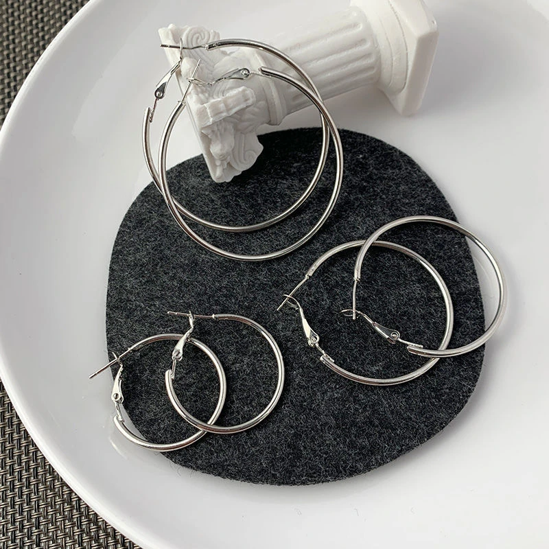 银色欧美圆圈925银针耳环气质耳圈小众冷淡风大气圆脸显瘦夸张耳