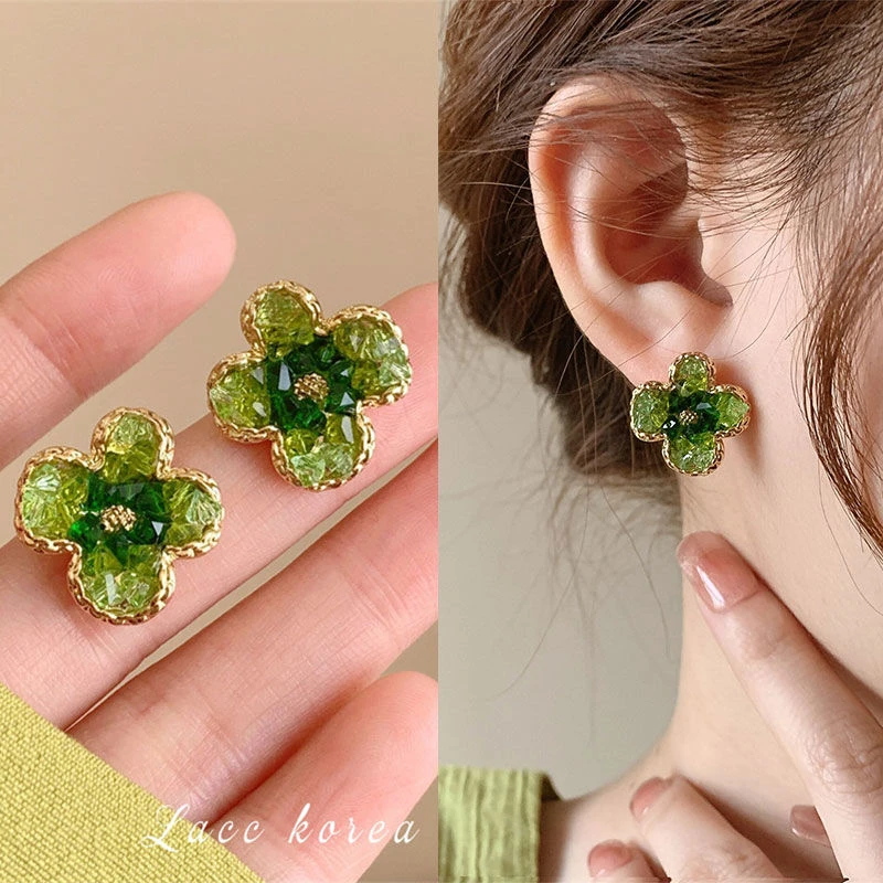 合金亚克力耳饰 心怡推荐清新显白绿色渐变花朵耳钉气质百搭夏天