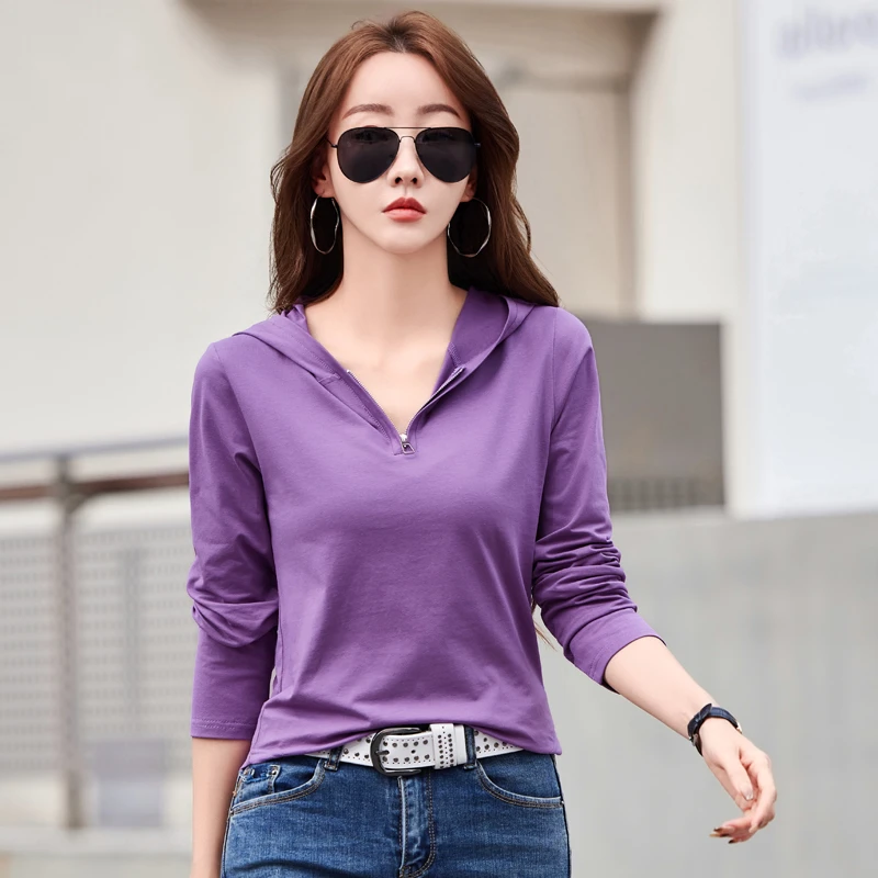 连帽拉链t恤女宽松早春秋新款打底帽衫卫衣弧形下摆不规则上衣潮