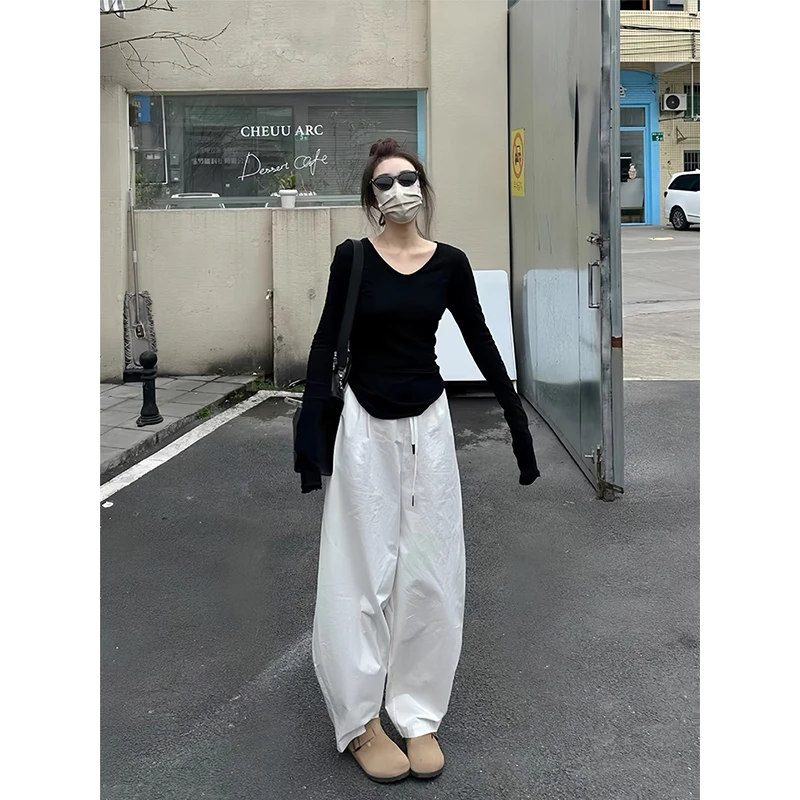 时尚套装女2024春季纯欲辣妹修身V领长袖T恤白色工装阔腿裤两件套