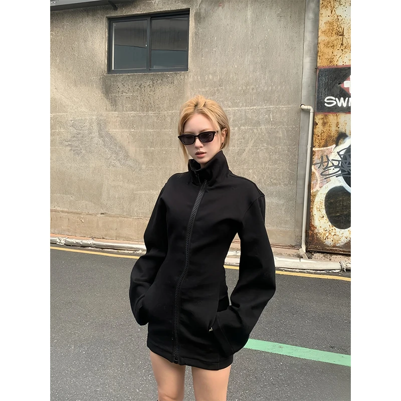 美式辣妹立领拉链连衣裙女秋季设计感收腰显瘦小个子长袖包臀短裙