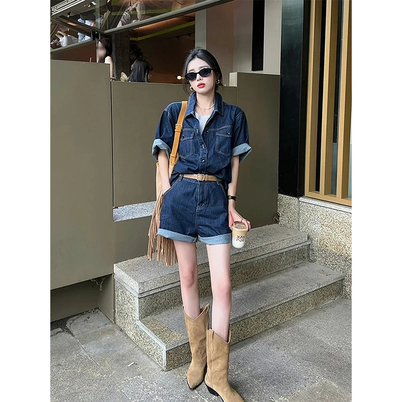 港味复古牛仔连体裤女夏季薄款设计感收腰显瘦小个子阔腿连衣短裤