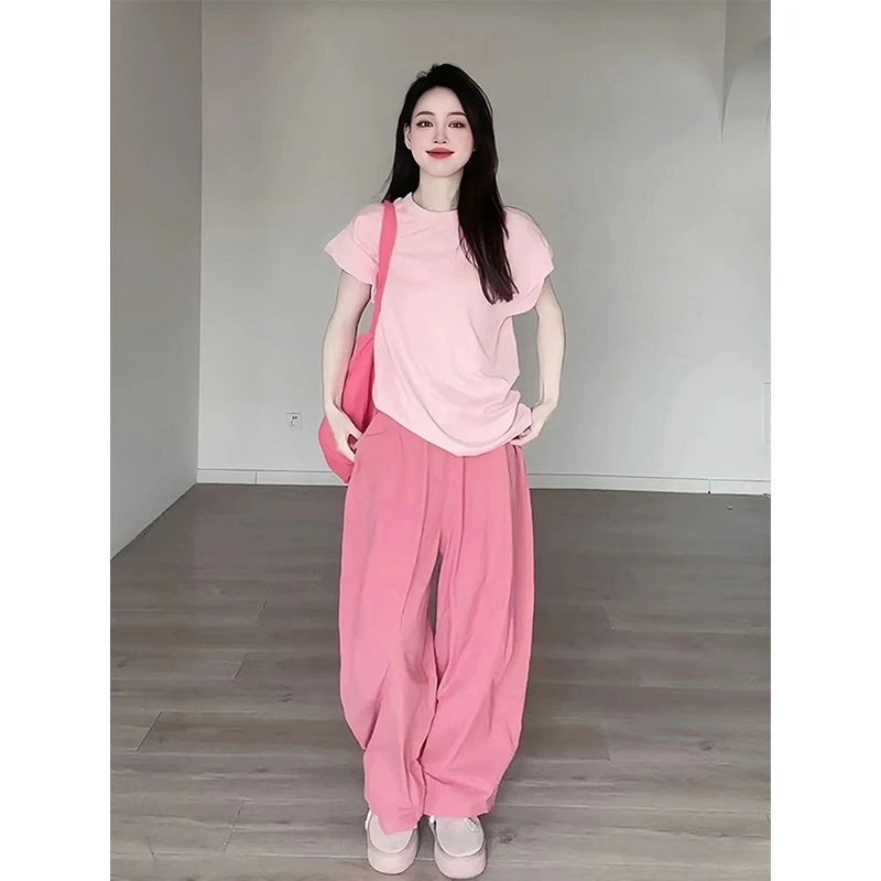 夏季穿搭多巴胺套装女洋气减龄粉色短袖T恤宽松阔腿休闲裤两件套