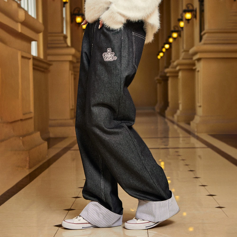 RickyisClownRIC条纹拼接卷边丹宁原牛牛仔裤休闲两穿直筒长裤