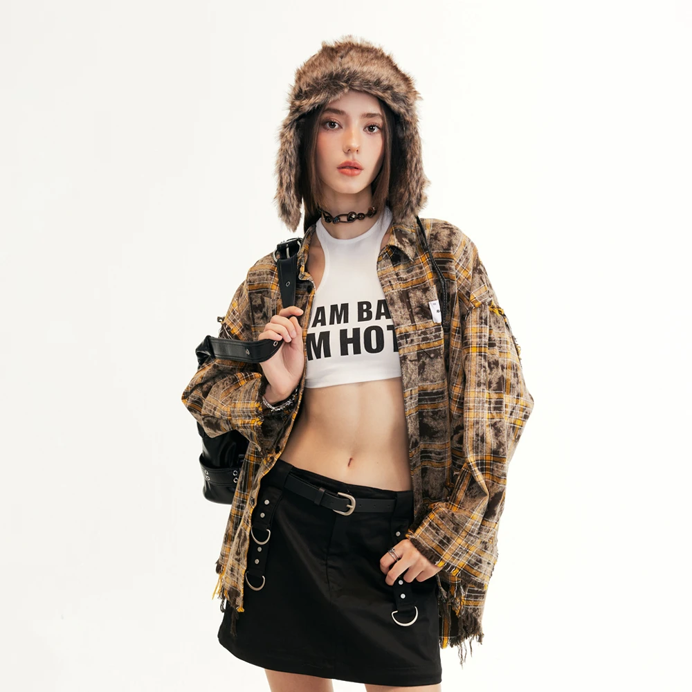 RickyisClownRIC春季宽松洗褪流苏休闲格纹衬衫男女同款外套